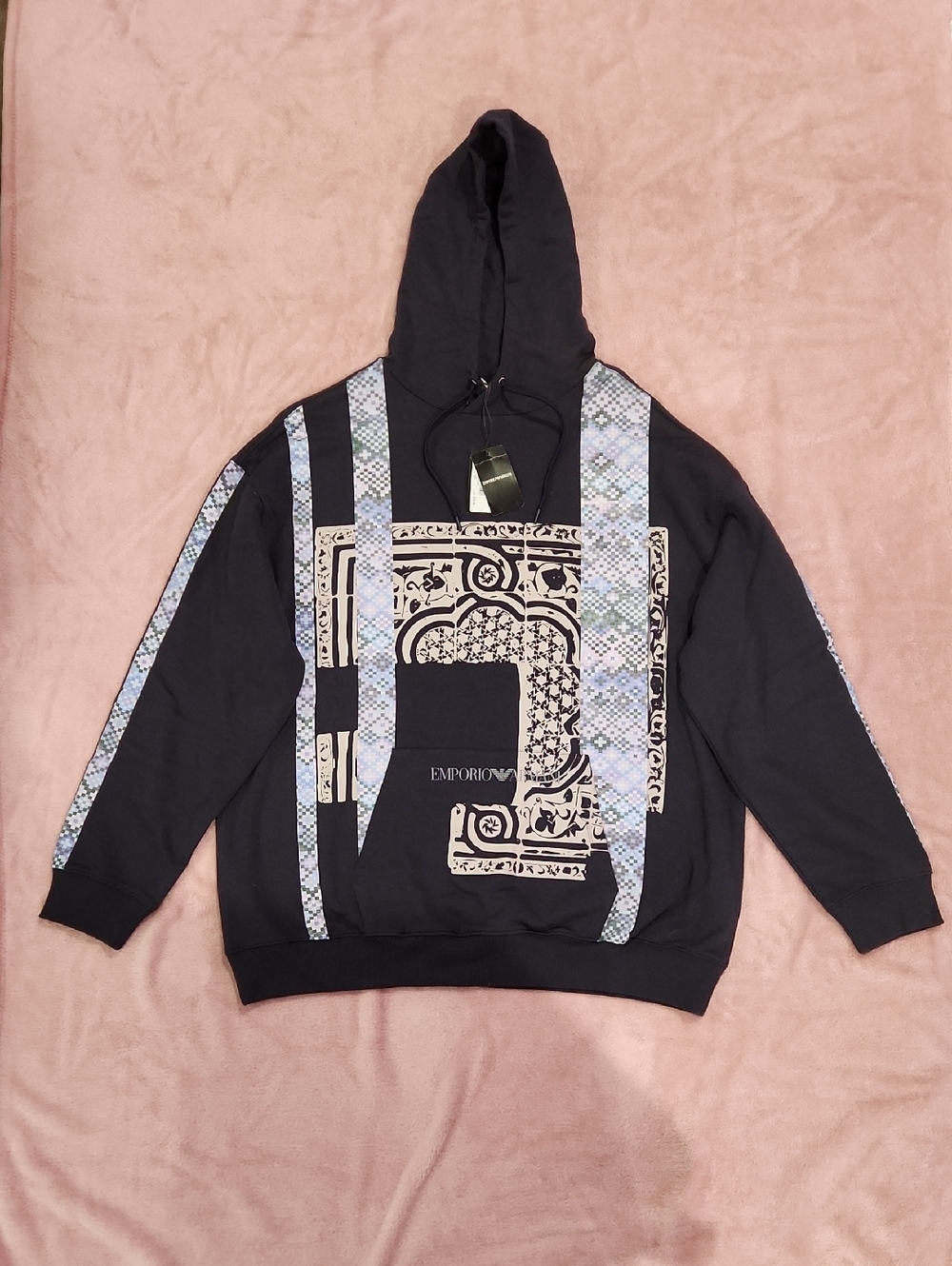 Emporio Armani Navy Blue Hoodie with Cream Graphic and Pale Blue Trim